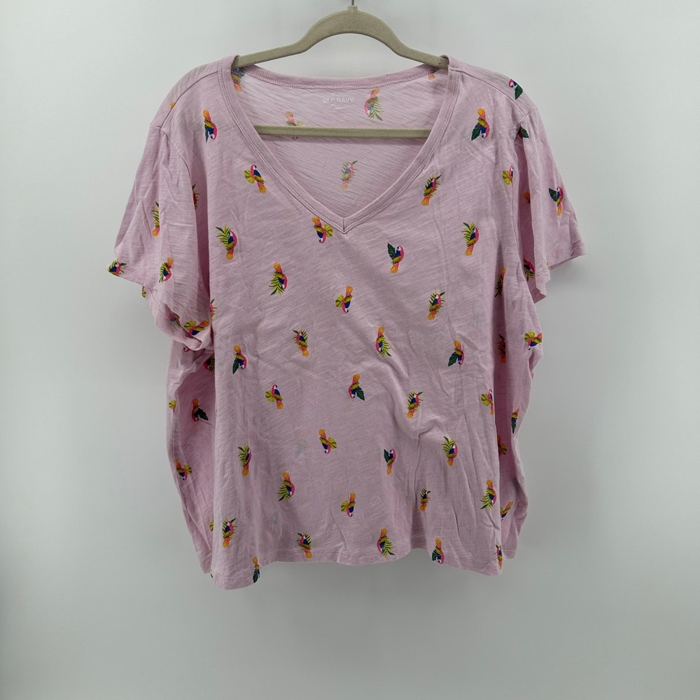 Old Navy Everywear Pink Tropical Parrot 100% Cotton T-Shirt XXL Vacation Resort